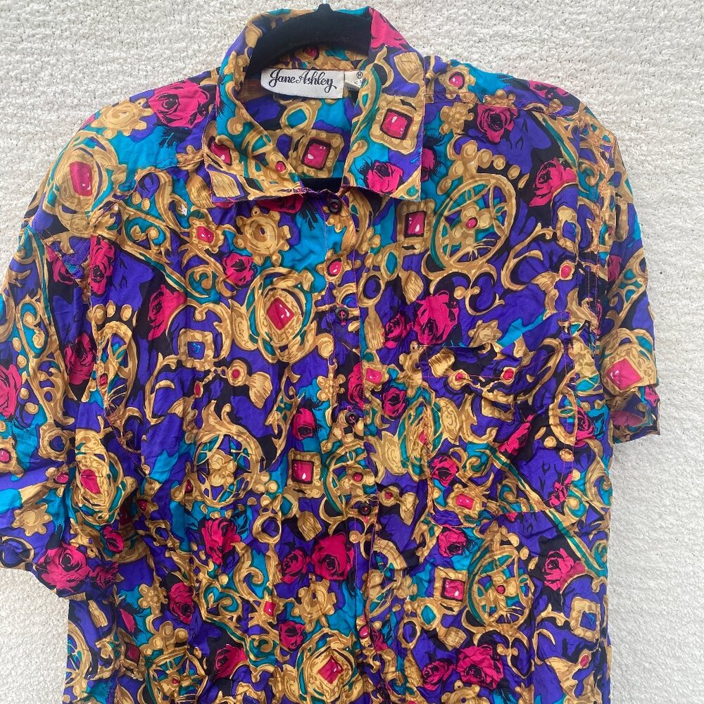 Eclectic Festival 80s Vibes Colorful Silk Button Up
